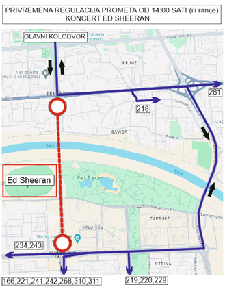 Ed Sheeran - privremena regulacija prometa na dan koncerta
